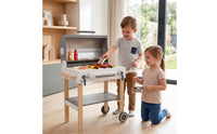 Wooden Play Grill Cart Rolling Kids Grill Playset Compact Pretend Play Barbecue for Young Children