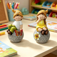 2 Pieces Boy and Girl Statue Ceramic Garden Figures Decorative for Bookshelf