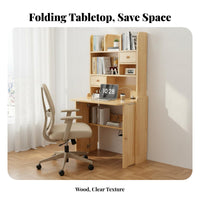 Folding Desk with Bookshelf Foldable Design Solid Wood Murphy Desk Space-Saving Study Table for Children, Students, Small Areas, Bedroom, Dorm Room