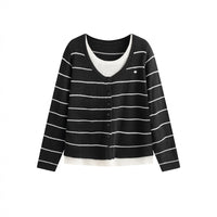 Womens Tops Striped Long Sleeve Round Neck Sweater for Casual Wear, UK Fake Two Piece Design, Plus Size Loose Fit for Leggings