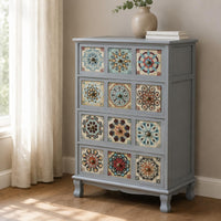 Wooden Storage Cabinet Geometric Vintage Cabinet Wooden Sideboard Tile-Like Sturdy Legs Decorative