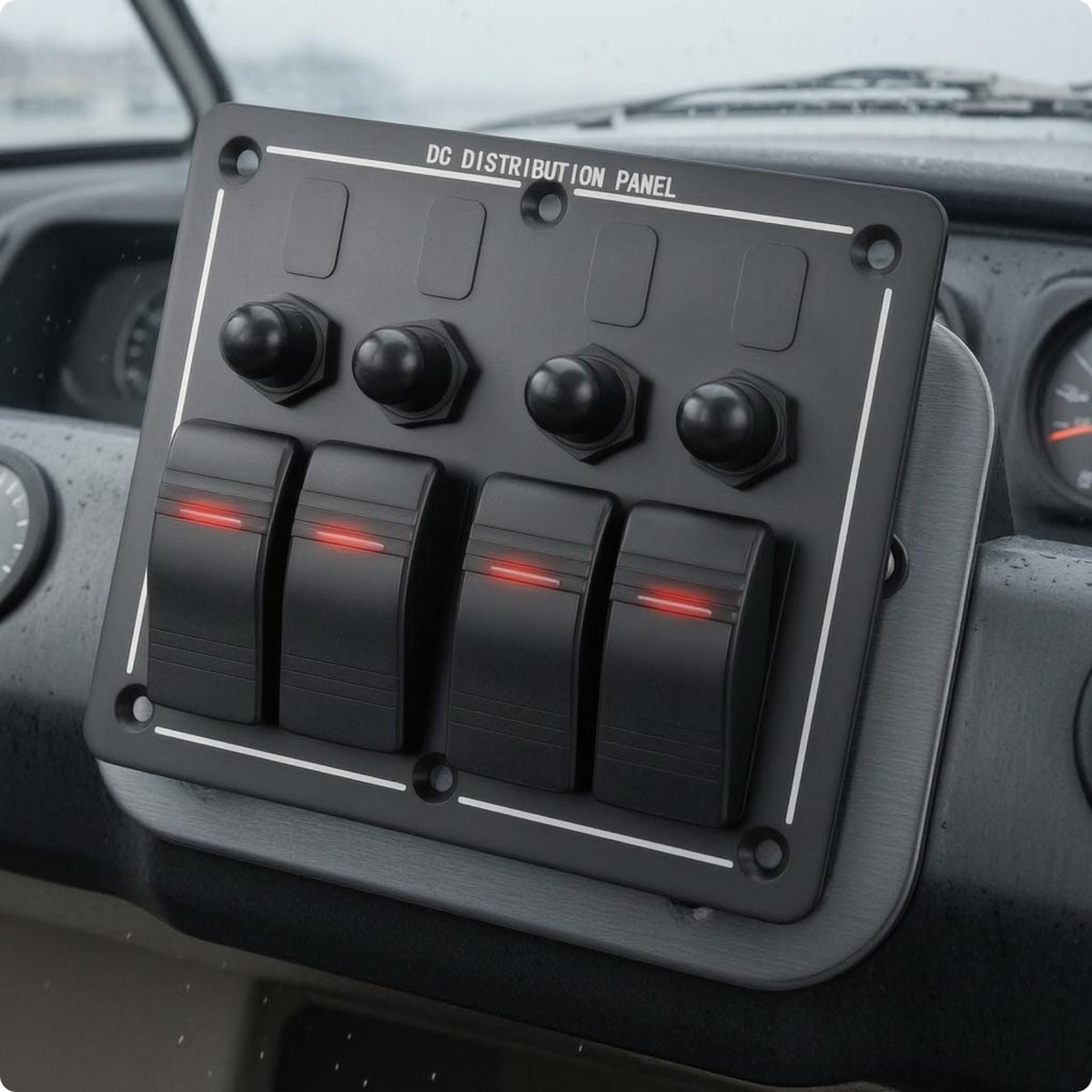 4-Position Marine Switch Panel DC 12V to 24V Breaker Switch Panel Pre-Wired Vehicle Accessory Red Indicator Lights for Boat Cabin
