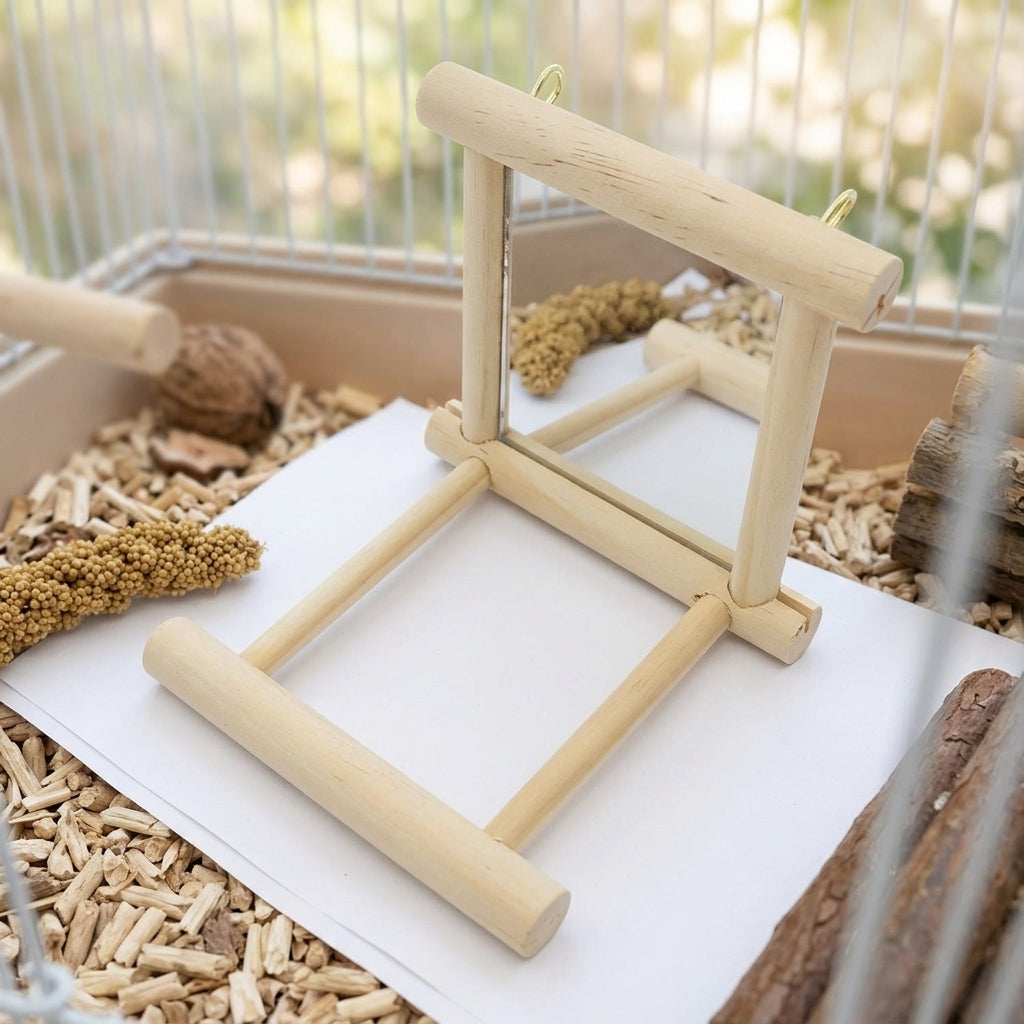 Parrot Perch with Bird Mirror and Solid Wood Stand, Square Wooden Bird Stand for Budgie, Cockatiel Toy and Lovebird Accessory for Cage Hanging