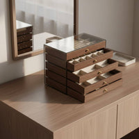 Large Capacity 5-Layer Jewelry Box Walnut Wood Finish Band Necklace Storage Chest Multi-Compartment Wooden Drawer Jewelry Case Dustproof for Women, Closet