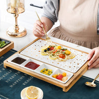 Steak Tray Chip-Resistant Wood and Ceramic Tray Dishwasher Safe