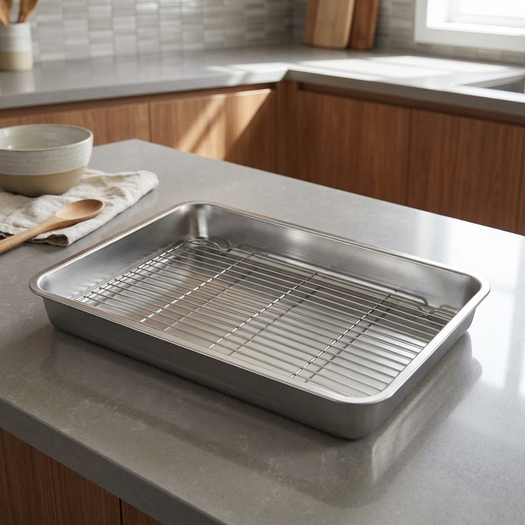 Stainless Steel Tray with Lid, 200mm Deep Basin Tray and Draining Tray, Rustproof Oil Draining Pan, Rectangular Basin for Food Cooking Tray