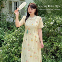 Women's Chinese Dress Midi Length with Three Quarter Sleeve for Summer, Cheongsam Style Flared Casual with Color Blocking and Patchwork Details