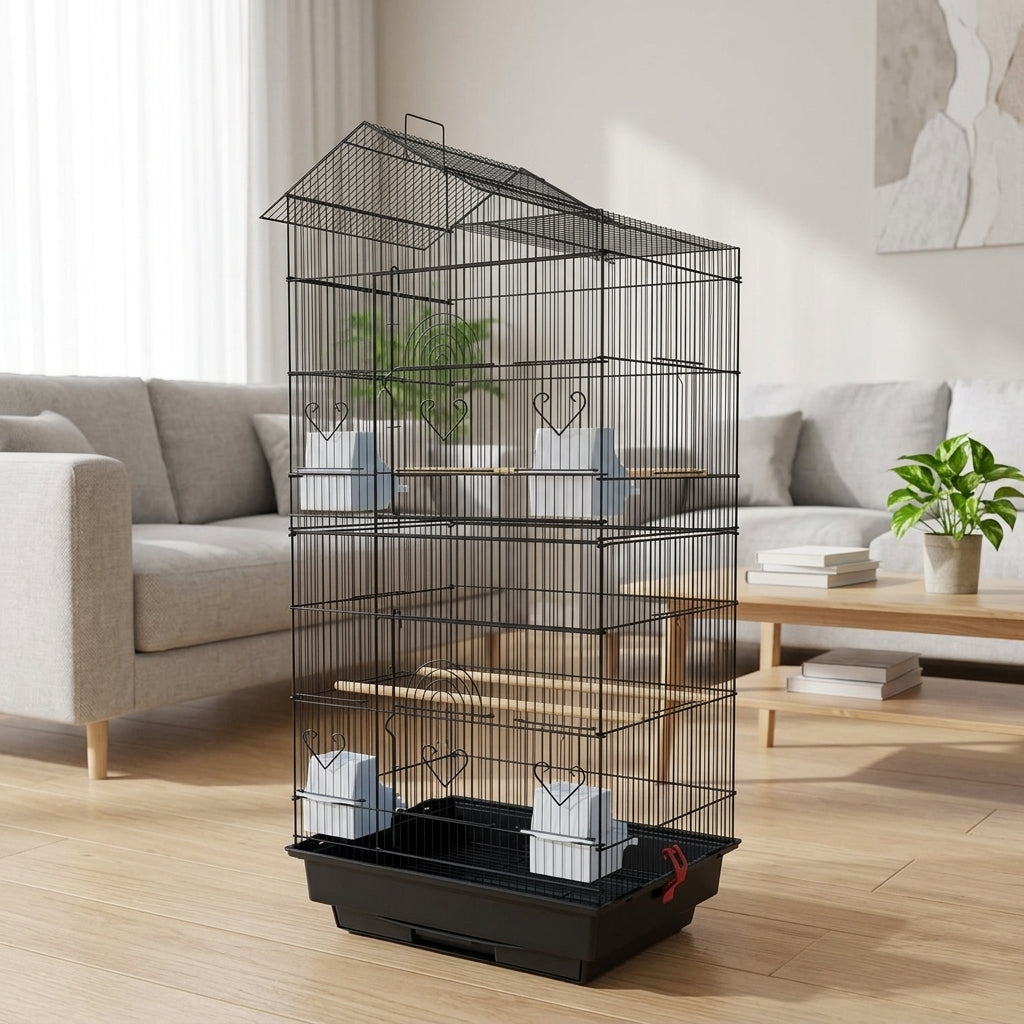 Bird Villa Double Layer Metal Habitat, Large Space 46x36x100cm Spacious Bird Cage for Budgie, Cockatiel and Myna, Secure Multi-Level Animal Enclosure