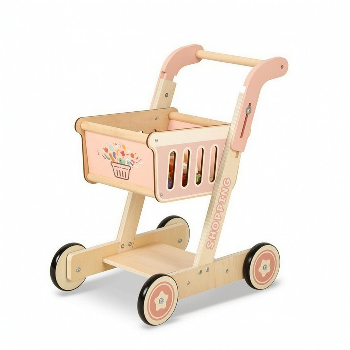 Wooden Shopping Cart Pretend Play Imaginative Shopping Cart Rounded Edges for Kids