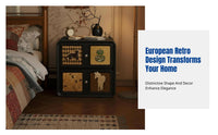 Retro Bedside Table, solid wood, double drawer storage, bedroom, cat motif, creative Chinese style