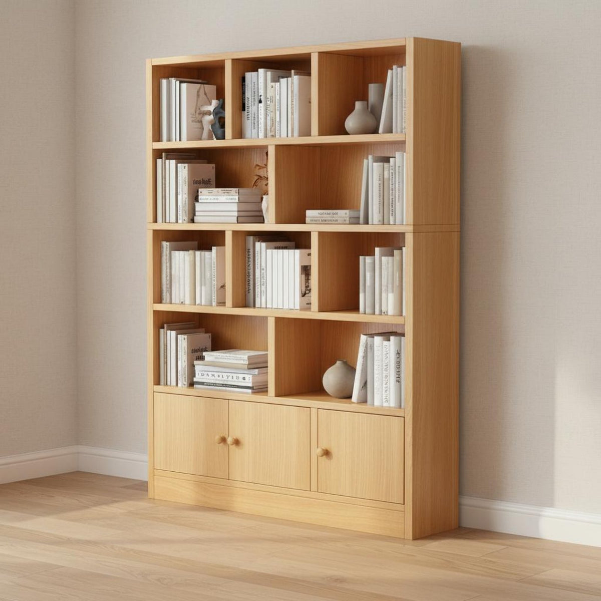 Wooden Bookcase with Cabinets Dust-Resistant Design Floor Standing Bookshelf Multifunctional Standing Bookshelf for Book Lovers, Students, Living Room