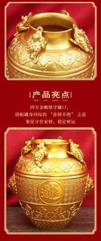 黄铜金蟾四方纳财聚宝盆浮雕回纹聚财罐客厅办公室旺财摆件开业礼