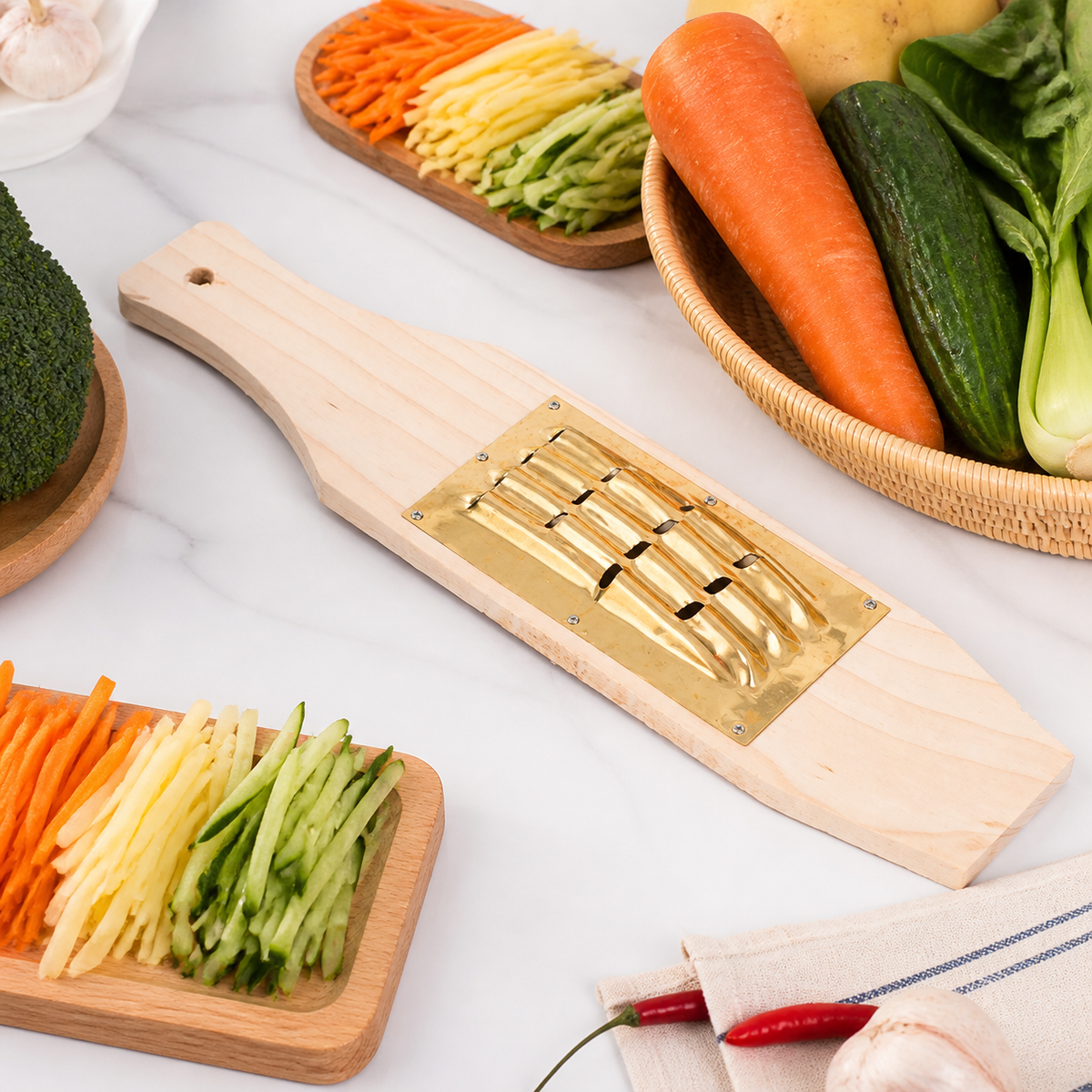 Wooden Grater, Vegetable Shredder & Ginger Grater, 36cm Wood Board with Thickened Copper, Polished Brass Finish