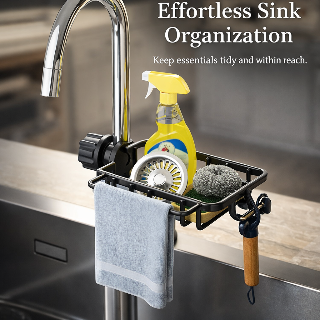Faucet Rack and Sink Organizer for Kitchen Organization, Integrated Wall Mounted Storage with Dishcloth Rod and Hooks
