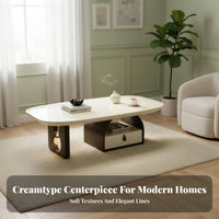 2 Pieces French Cream aesthetic Pebble-Shaped Table pair Built-in Light Living Room Furniture With Storage Drawer Accent Tables Artistic Design for Apartment Dwellers, Homeowners, Students, Small Spaces, Lounge Area, Office, Study