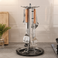 Kitchen Tool Storage, Stainless Steel, With Draining, 17x19x46cm, Rotating, 6 Hooks, Cutlery Holder