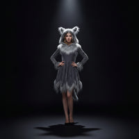 Wolf Costume with Hood Asymmetrical Wolf Dress with Hood Long Sleeves Outfit  for Women