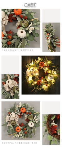 Artificial Pumpkin Wreath with Lamb's Ear Leaves for Fall Thanksgiving Christmas