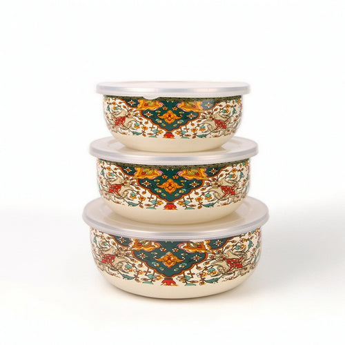 3 Pieces Enamelware Nesting Bowls Nested Storage Bowls with Lids Reusable