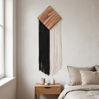 Bohemian Wood Wall Art with Fringe Handmade Macrame Wall Hanging Woven Boho Tapestry Cotton for Living Room, Bedroom, Entryway
