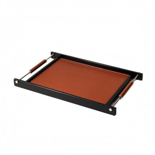 Rectangular Tray Coffee-Colored Leather Tray Black Frame