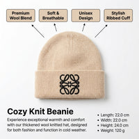 Beanie Hat with Embroidered Letters for Winter, Wool Blend Knit with Ear Flaps for Cold Weather, Foldable Thick Warm Design