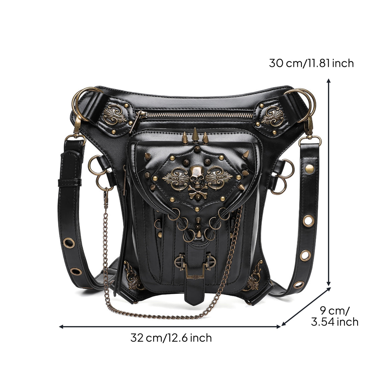 Harness Bag with Skull Detail Structured Crossbody Bag with Chain Compact Purse for Cosplayers, Cosplay, Night out, Concerts