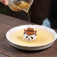 宜兴紫砂茶宠大熊猫摆件功夫茶道配件茶玩茶具戴帽子盖托茶盘批发