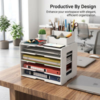 5-Tier Desktop File Organizer with Pen Holder, Stackable Desk Storage for Office, Multi-Layer Work Station for Students