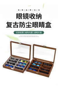 Walnut Wood Grain Eyeglass Storage Box for Sunglasses, 8-Slot Display Case