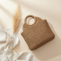 Round Handle Straw Bag Handmade Straw Tote Bag Large Capacity for Commuting