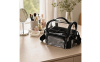 Clear Makeup Bag with Strap Waterproof Cosmetic Bag with Compartments Portable Transparent Cosmetic Organizer for Jet-Setters