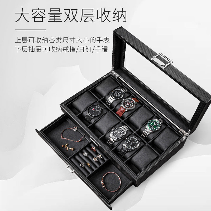 Carbon Fiber Watch and Jewelry Storage Box, 6 or 12 Slots, Double Layer