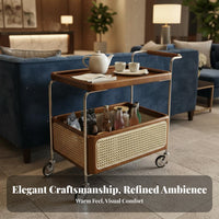 Solid Wood Construction Wabi-Sabi Design Utility Cart Locking Wheels 2-Tier Rolling Bar Cart Multi-Functional Wooden Tea Trolley with Rattan Basket for Interior Design Enthusiasts, Homeowners, Apartment Dwellers, Hotel, Living Room, Kitchen, Bedroom