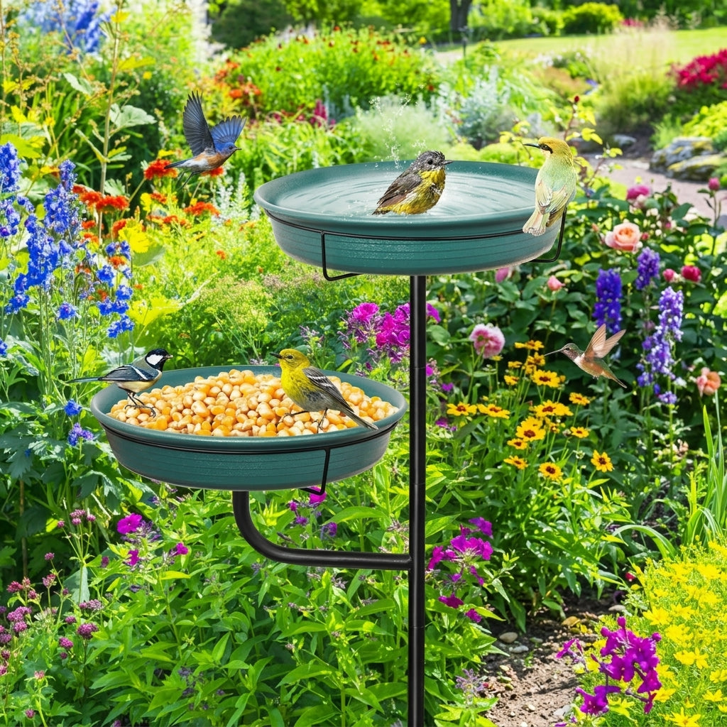 Bird Feeding Station and Bird Bath Outdoor Feeder, Iron Decorative Metal Garden Decor with Tripod Base and Bowl