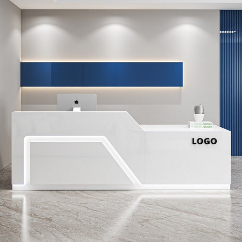 1 Piece White Reception Desk High-gloss Split-level Front Desk Sturdy Particleboard Construction Lockable Drawer Suitable for Salon Receptionists Boutique Retail Store Office Spa