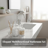 4 Pieces Transparent Design 4-Piece Dispenser and Jar Set Modern design Vanity Container Set Functional Bathroom Accessories Decorative for Makeup Users, Homeowners, Washroom, Restroom, Powder Room, Bedroom