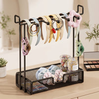 Desktop Hair Accessory Organizer Mesh Headband Holder with Tray Space-Saving Headband Organizer Metal for Girls, Teens, Vanity, Dressing Table, Dorm Room