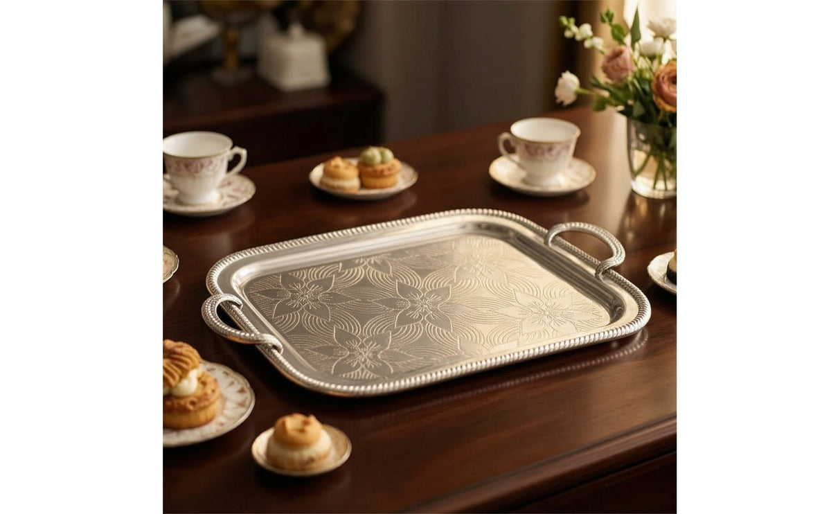 Serving Tray with Handles Rectangular Metal Serving Tray Engraved Platter for Home Decor
