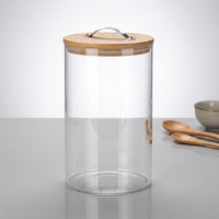 Water Dispenser with Bamboo Base, Cylindrical Juice Dispenser and Drink Dispenser, Modern Glass Pitcher for Iced Tea and Home Beverage Serving