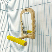 Bird Cage Mirror with Arch Shape and Wooden Perch, Wood Parrot Mirror for Budgie Cage, Cockatiel Mirror for Parakeets and Canaries