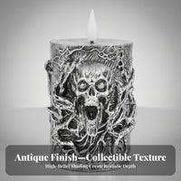 Gothic Electronic Candle | Glowing Flame-flickering bulb, Antique Silver Finish, cranium Candle, for Halloween
