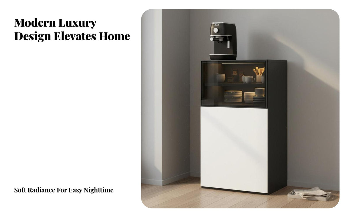 Wide Countertop Living Room Storage Cabinet Sturdy Construction Floor Standing Wine Cabinet Push-to-Access Doors Glass Door Sideboard Anti-Tip Safety for Small Apartment Dwellers, Interior Design Enthusiasts, Homeowners, Home Bar, Entryway