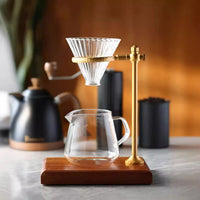 Italian Coffee Dripper Set with Wooden Base and Aluminum Stand, Glass Carafe
