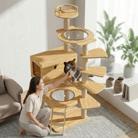 Cat House with Scratching Posts and Feeding Bowls, Solid Wood Pillar Activity Centre, Oak Board Cat Bed and Perch for Large Indoor Cats 5-Tier