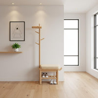 Multi-Functional Design Hall Tree with Shoe Storage Solid Wood Wooden Deer Coat Rack Bench Cushioned Seat for Mudroom
