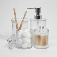 4 Pieces Transparent Design 4-Piece Dispenser and Jar Set Modern design Vanity Container Set Functional Bathroom Accessories Decorative for Makeup Users, Homeowners, Washroom, Restroom, Powder Room, Bedroom