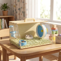 Portable Hamster Cage with Full View Acrylic Design, Wood Handheld Travel Hamster Cage for Small Pet Outdoor Outgoing and Transparent Carrying