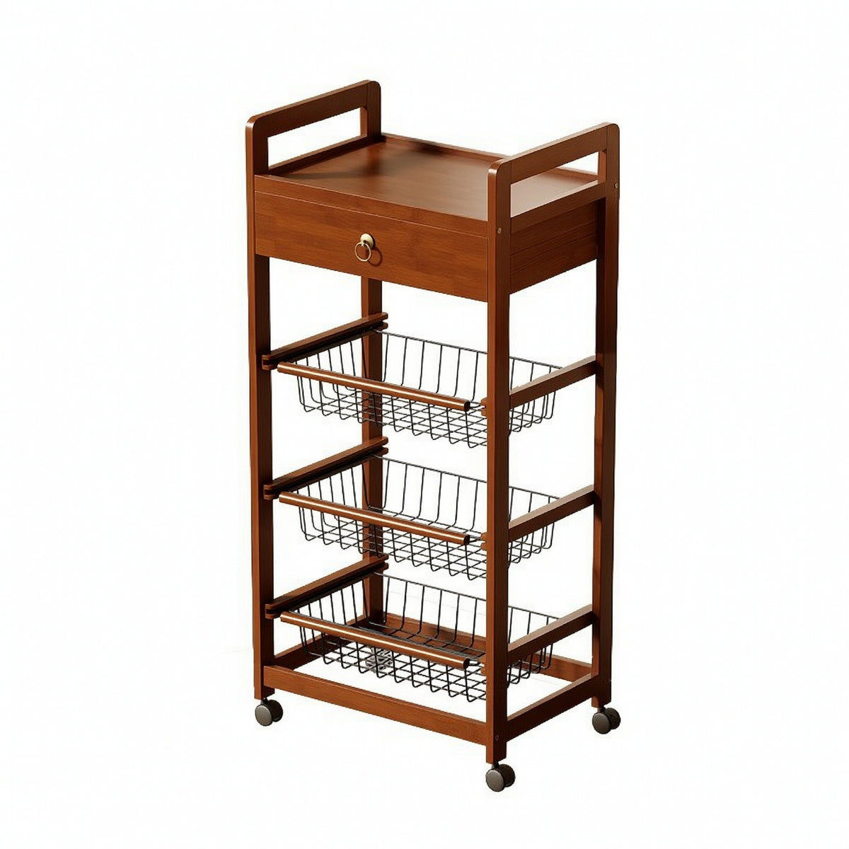 Rolling Kitchen Rack with Baskets Space-Saving Wire Storage Rack Multifunctional Storage Cart with Wooden Tabletop for Pantry