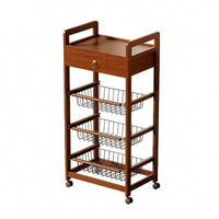 Rolling Kitchen Rack with Baskets Space-Saving Wire Storage Rack Multifunctional Storage Cart with Wooden Tabletop for Pantry